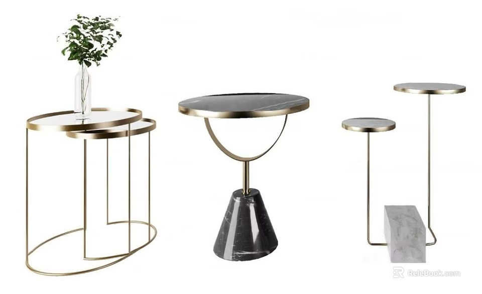 Elegant Modern Round Side Tables With Gold Metal Frames And Marble Bases 3d model 