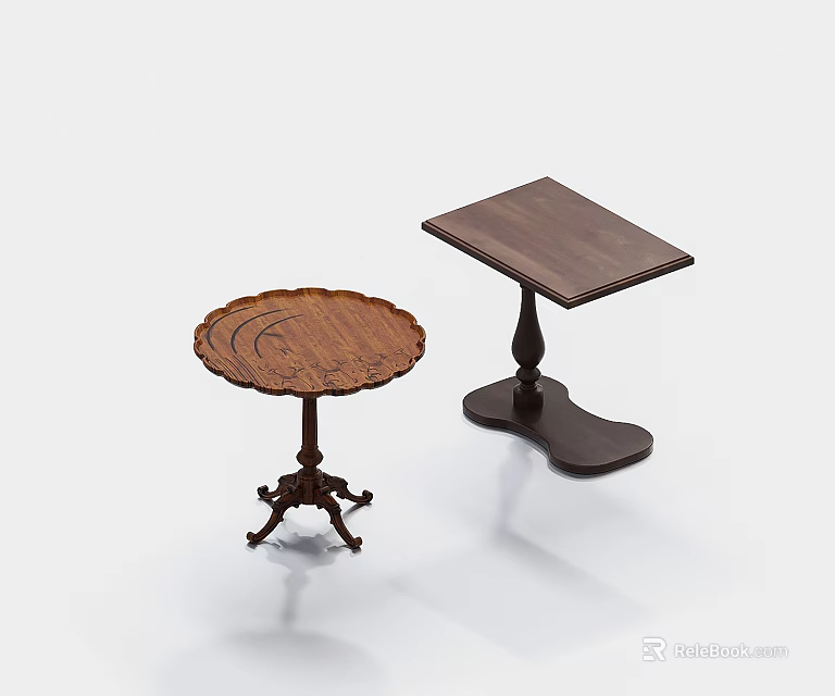 Vintage Wooden Round Side Table With Carved Tabletop Tripod Legs And Square Side Table 3d model 