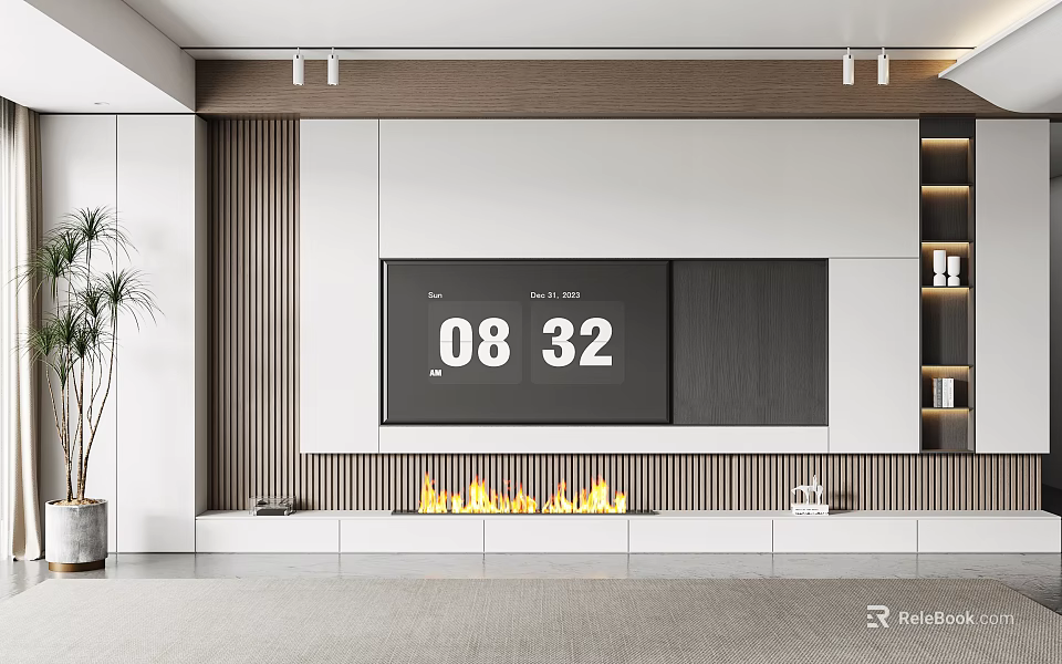 Modern TV Background Wall Design With Flat Screen TV Wooden White Panels And Fireplace Effect 3d model 