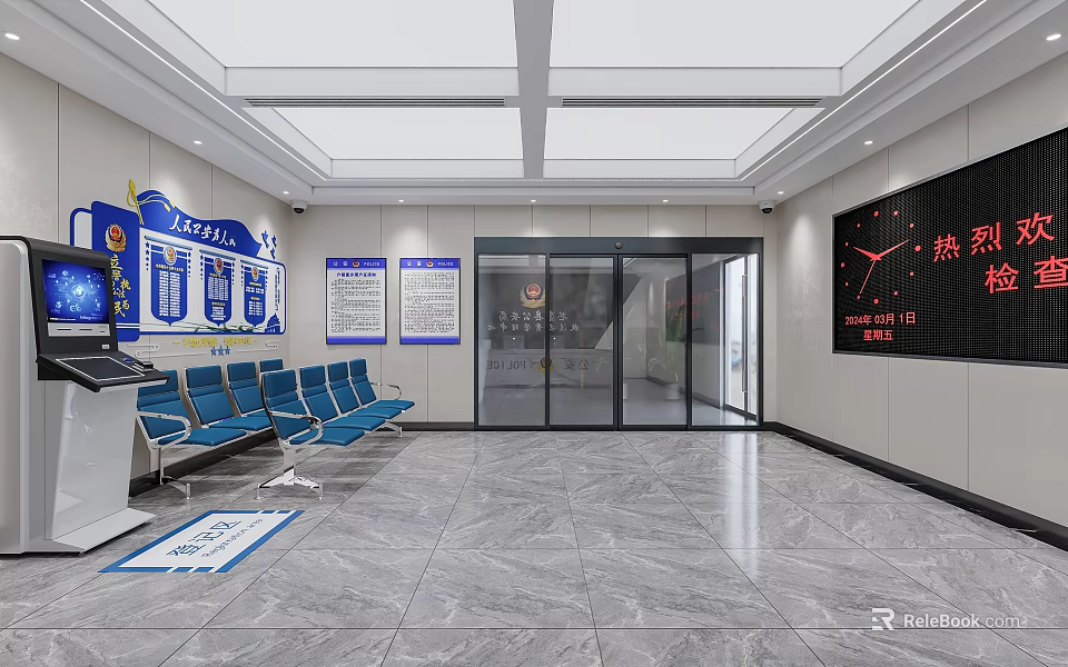 Spacious Modern Government Service Hall With Comfortable Waiting Seats And Practical Public Information Displays 3d model 