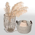 Woven Mesh Vase With Dried Pampas Grass And Woven Basket With Light Colored Clay Vase