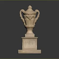 Ornate Carved Stone Vase With Decorative Handles On Two Tiered Square Pedestal Base