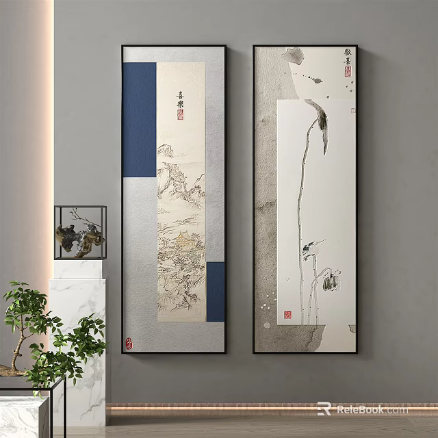 Chinese Ink Style Scroll Paintings With Traditional Patterns Hanging On Gray Wall 3d model