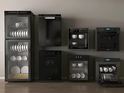 Various Black Kitchen Appliances Neatly Arranged On Wooden Floor And Light Colored Walls 3d model