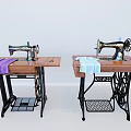 Industrial Sewing Machines On Wooden Tables With Purple And Light Blue Fabric