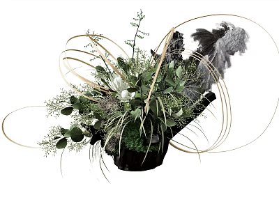 Elegant Vase Flower Arrangement With Green Leaves Feathers And Decorative Lines 3d model