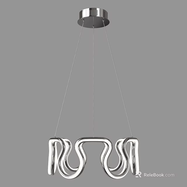 Modern Silver Chandelier Design With Curved Metal Structure And Hanging Cables 3d model 