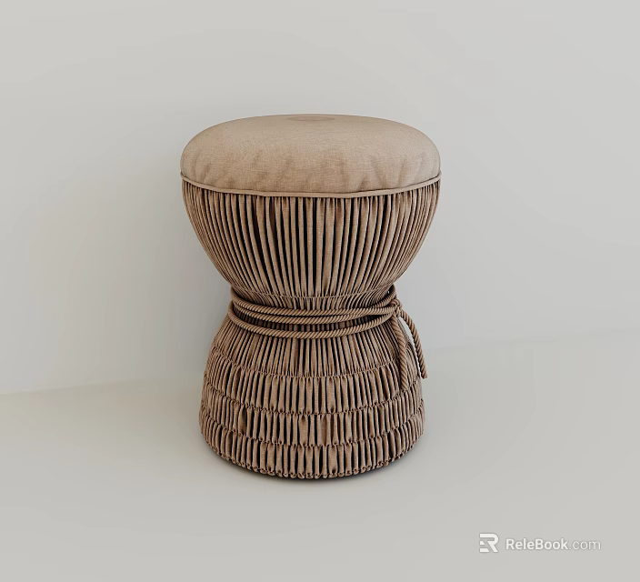 Handwoven Rattan Stool With Beige Cushioned Top For Natural Home Decor 3d model 