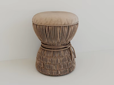 Handwoven Rattan Stool With Beige Cushioned Top For Natural Home Decor 3d model