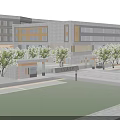 Modern School Building Exterior Design With Playground Green Lawn And Bleachers
