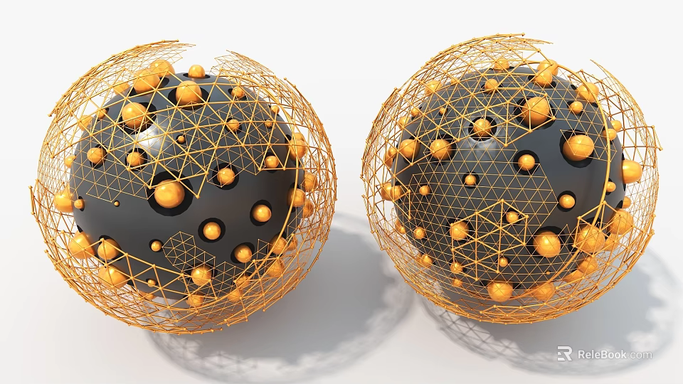Creative Art Installation With Two Black Spheres And Golden Mesh Structure Decorated By Golden Balls 3d model 