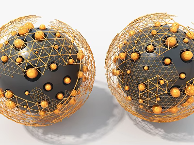 Creative Art Installation With Two Black Spheres And Golden Mesh Structure Decorated By Golden Balls 3d model