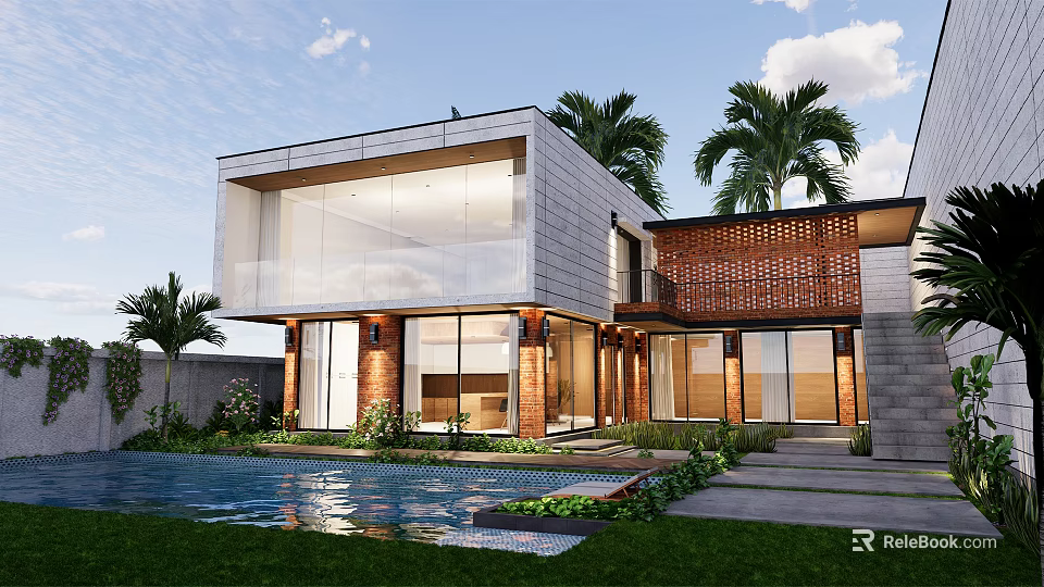 Modern Detached Villa With Glass Facade Swimming Pool Palm Trees And Greenery 3d model 
