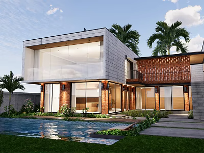 Modern Detached Villa With Glass Facade Swimming Pool Palm Trees And Greenery 3d model