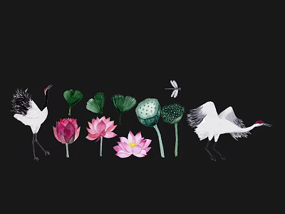 Watercolor Wall Decor With White Cranes Lotus Flowers Leaves And Dragonfly 3d model