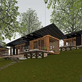 Modern Rustic Boutique Guesthouse Architecture With Wooden Exterior And Tree Surrounded Grass Terrace