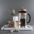 Elegant Kitchen Tools Featuring French Press White Mug Glass Bowl Sugar Cubes And Marble Tray