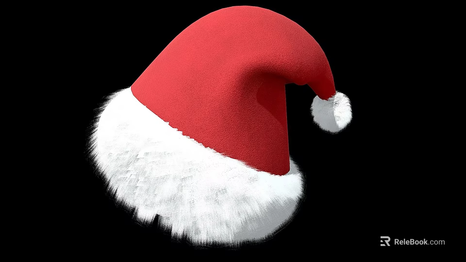 Festive Red Santa Hat with White Fluffy Trim and White Pom Pom on Black Background 3d model 