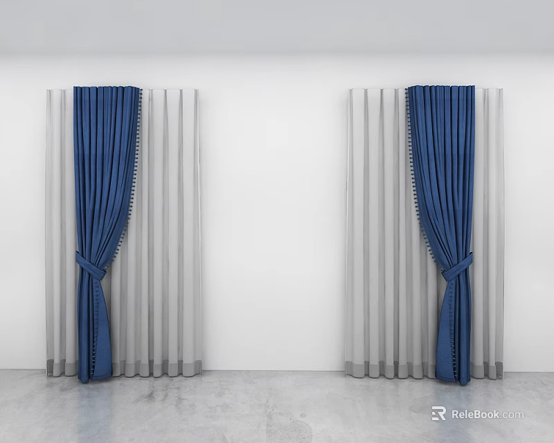 Blue Curtains With Elegant Drapes And Tiebacks On White Wall Modern Design 3d model 