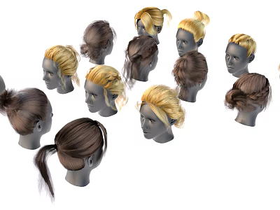 Various Assorted Colored Wigs With Different Hairstyles On Mannequin Heads 3d model