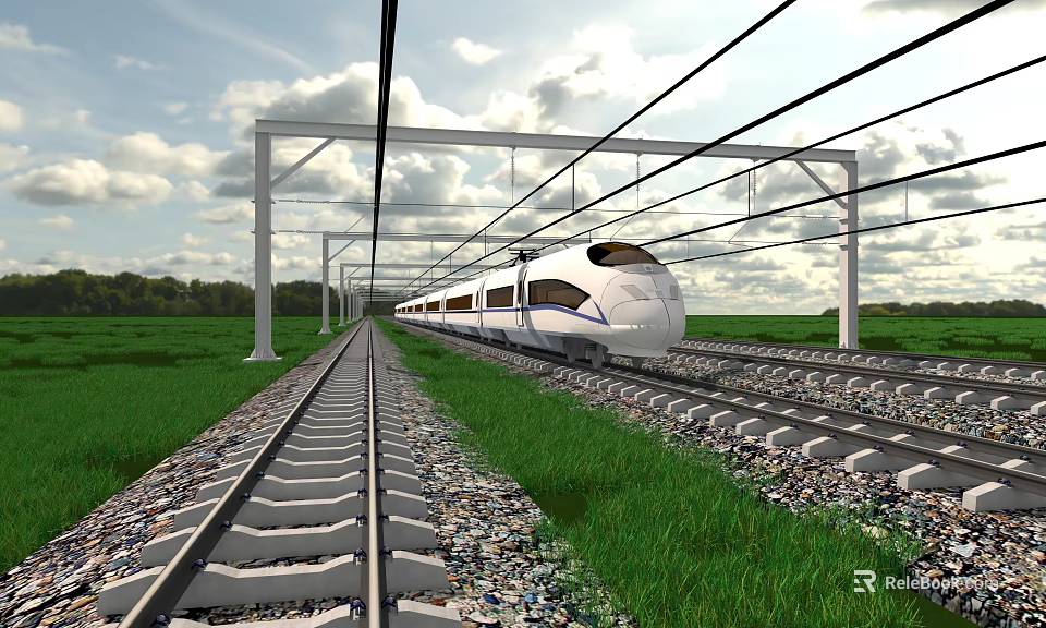 Railway Infrastructure Featuring High Speed Train On Tracks With Overhead Lines And Green Grass 3d model 