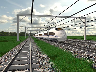Railway Infrastructure Featuring High Speed Train On Tracks With Overhead Lines And Green Grass 3d model