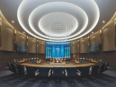 Modern Conference Room Interior With Round Table Chandelier Large Screen And Wooden Walls 3d model