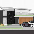 Modern Detached Villa Exterior With Marble Wall Wooden Garage Door Steps Cars Greenery And Lawn