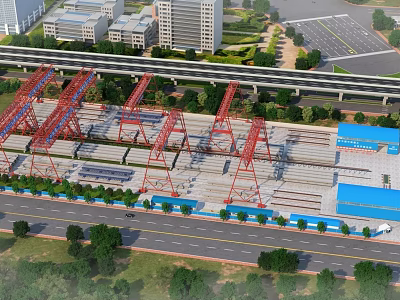 Industrial Factory With Red Gantry Cranes Stacked Materials And Green Belts 3d model