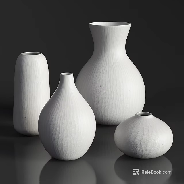 Decorative Ornament Set With White Textured Vases In Various Shapes For Home Decor 3d model 