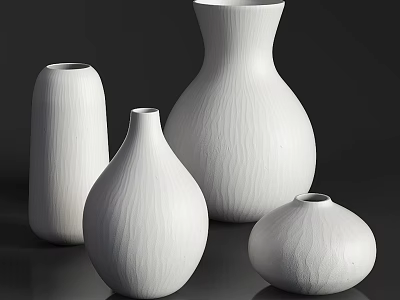 Decorative Ornament Set With White Textured Vases In Various Shapes For Home Decor 3d model
