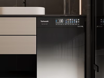 Modern Bathroom Interior With White Sink Cabinet Drawers And Black Smart Toilet 3d model