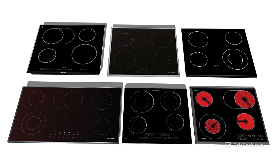 Various Modern Electric Cooktops Kitchen Appliances With Black Glass Panels 3d model 