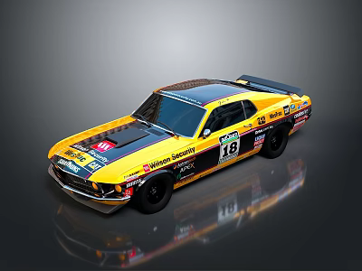 Yellow and Black Striped Classic Racing Car With Number 18 And Sponsor Logos 3d model