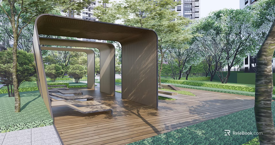 Wooden Pergola Structure In Park With Green Trees Lawn And Seating Benches 3d model 
