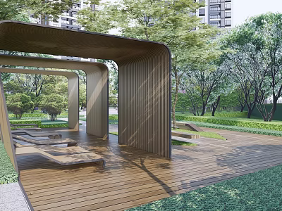 Wooden Pergola Structure In Park With Green Trees Lawn And Seating Benches 3d model