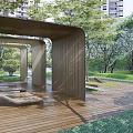 Wooden Pergola Structure In Park With Green Trees Lawn And Seating Benches