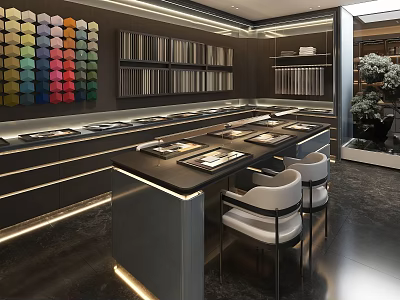Colorful Sample Wall In Modern Display Area With Long Table And Chairs 3d model