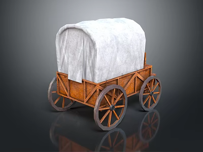 Vintage Covered Wagon With Wooden Frame White Canvas Cover And Four Wheels 3d model