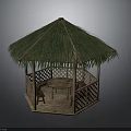 Hexagonal Outdoor Pavilion With Thatch Roof Wooden Structure And Table Chairs Inside
