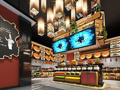 Chinese Restaurant Interior With Hanging Decorative Lights Digital Screens And Fresh Produce 3d model