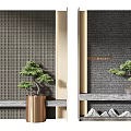 Decorative Textured Background Wall with Gold Frame Pine Tree Shelf and Stones Interior