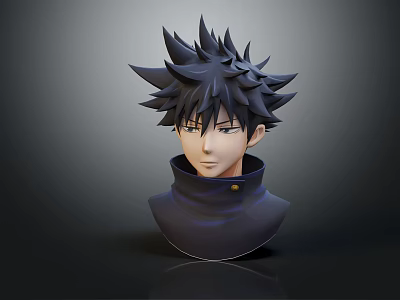 Anime Character 3D Head Model With Spiky Black Hair High Collar And Golden Button 3d model