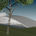 Modern Sales Office Building With Curved Roof Large Glass Curtain Walls And Trees