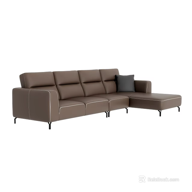 Modern Brown Sectional Leather Sofa With Gray Cushion And Black Legs 3d model