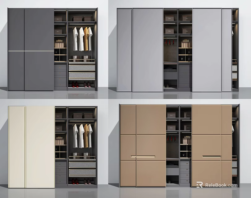 Modern Wardrobe Design In Various Colors With Hanging Rods Drawers And Shelves 3d model 