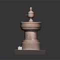 Scenic Landscape Featuring Red Fountain Pedestal Base And Smooth Surface Reflection