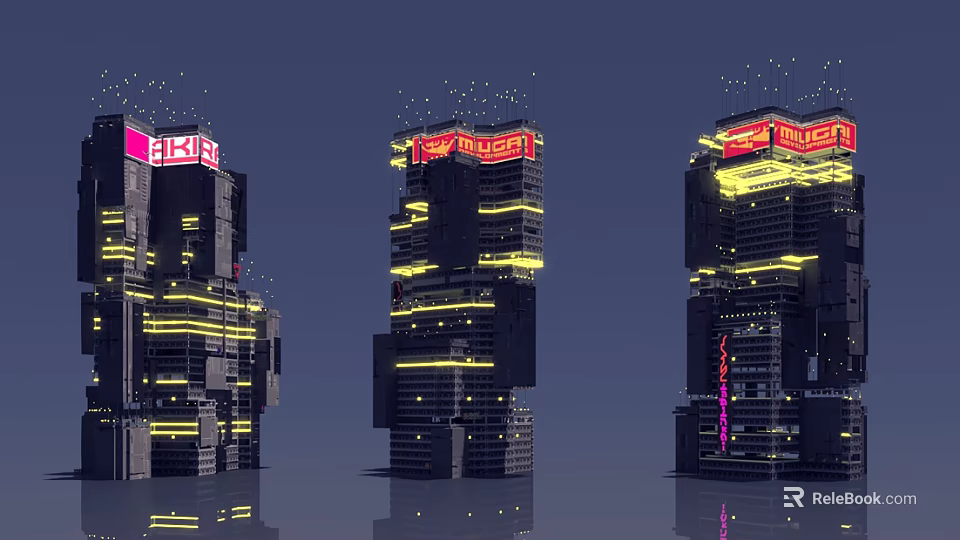 Future Architecture Design With Tall Skyscrapers Neon Lights And Digital Billboards 3d model 