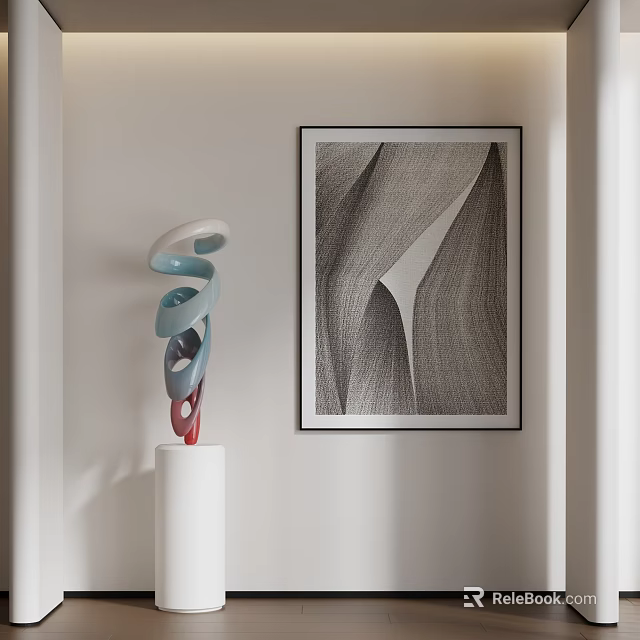 Abstract Spiral Sculpture With Blue White Red Accents On White Pedestal Near Abstract Line Art 3d model 