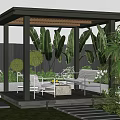 Modern Garden with Pergola White Outdoor Furniture Green Plants Lawn and Stone Path Lighting
